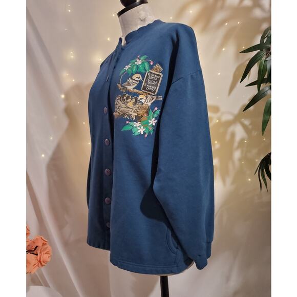 Vtg Morning Sun Bird Button Sweatshirt Womens Size L Granny Blue Pockets Cabin - Picture 3 of 10